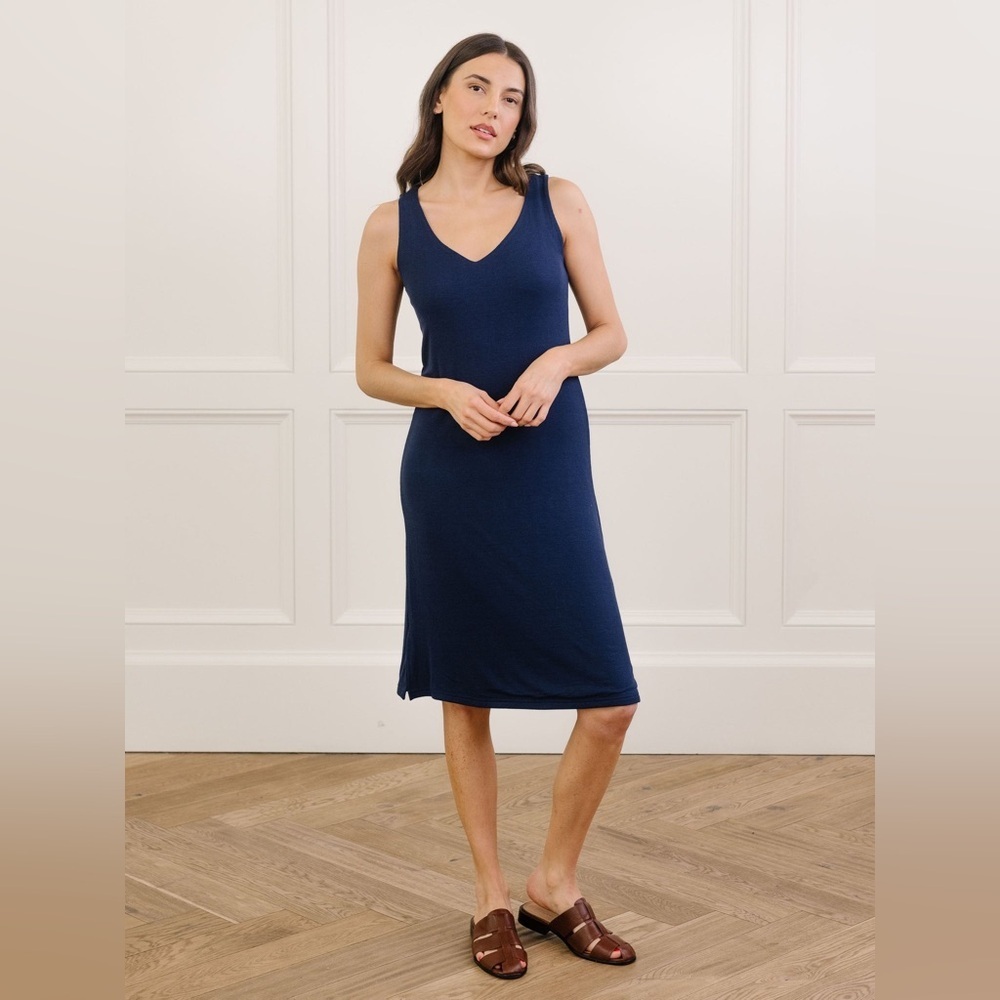 Cozy Earth Bamboo Rib Knit V Neck Tank Lounge Dress in Navy